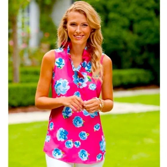 MUDPIE Pink Floral Whitney Sleeveless Tunic Top with Ruffled Neckline, Size S - Picture 5 of 9